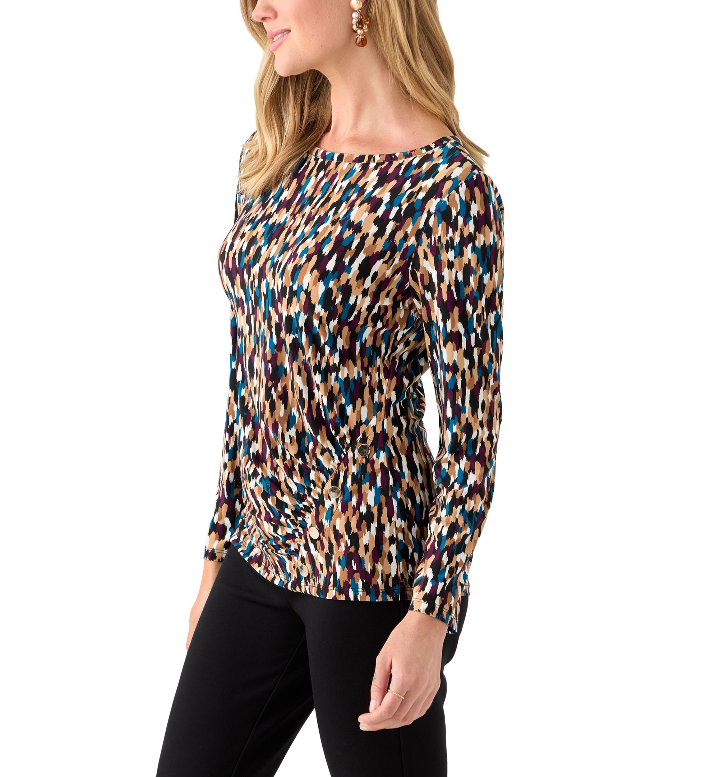 Petite Printed Long Sleeve Front Ruched Top with Rivets