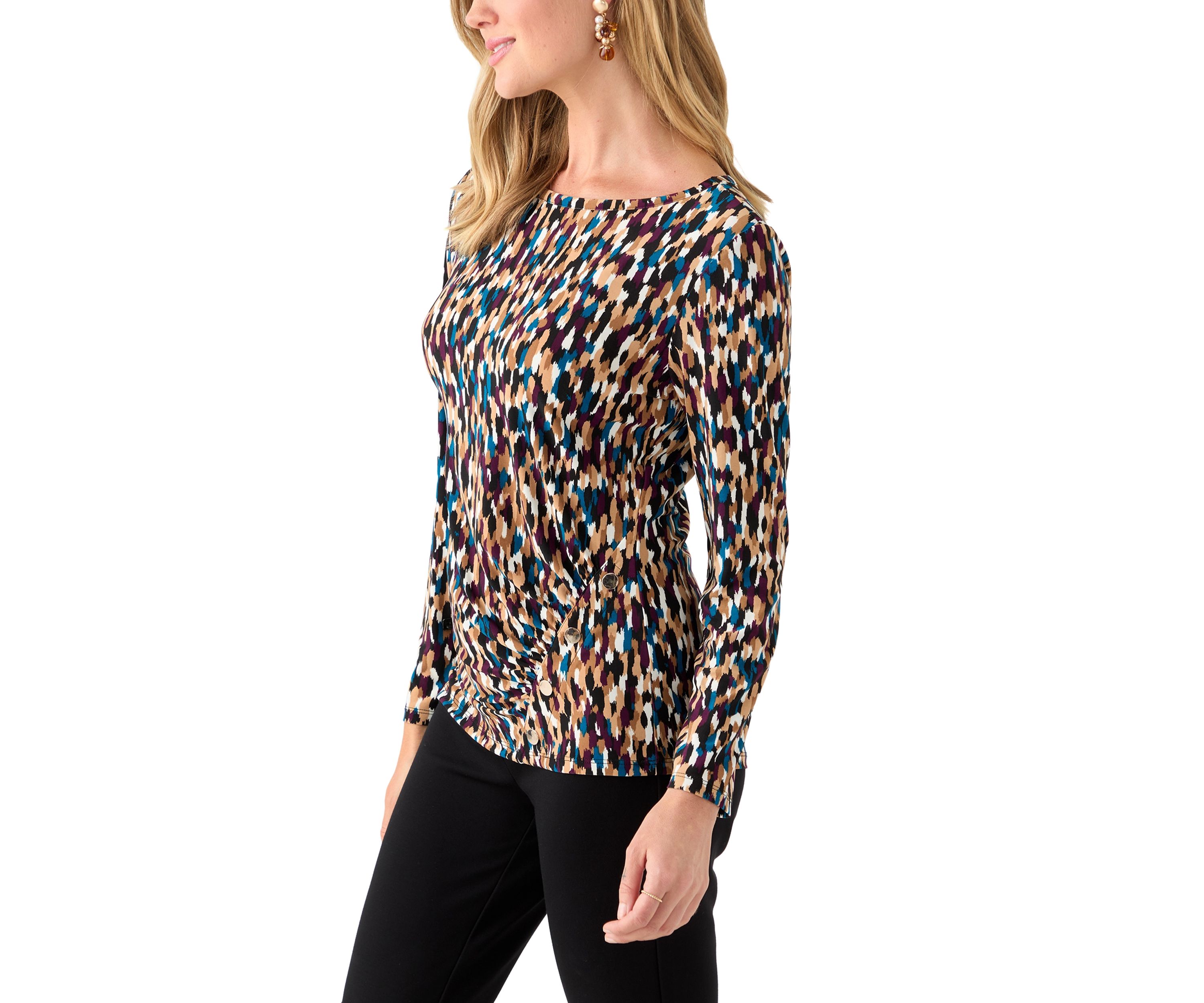 Petite Printed Long Sleeve Front Ruched Top with Rivets