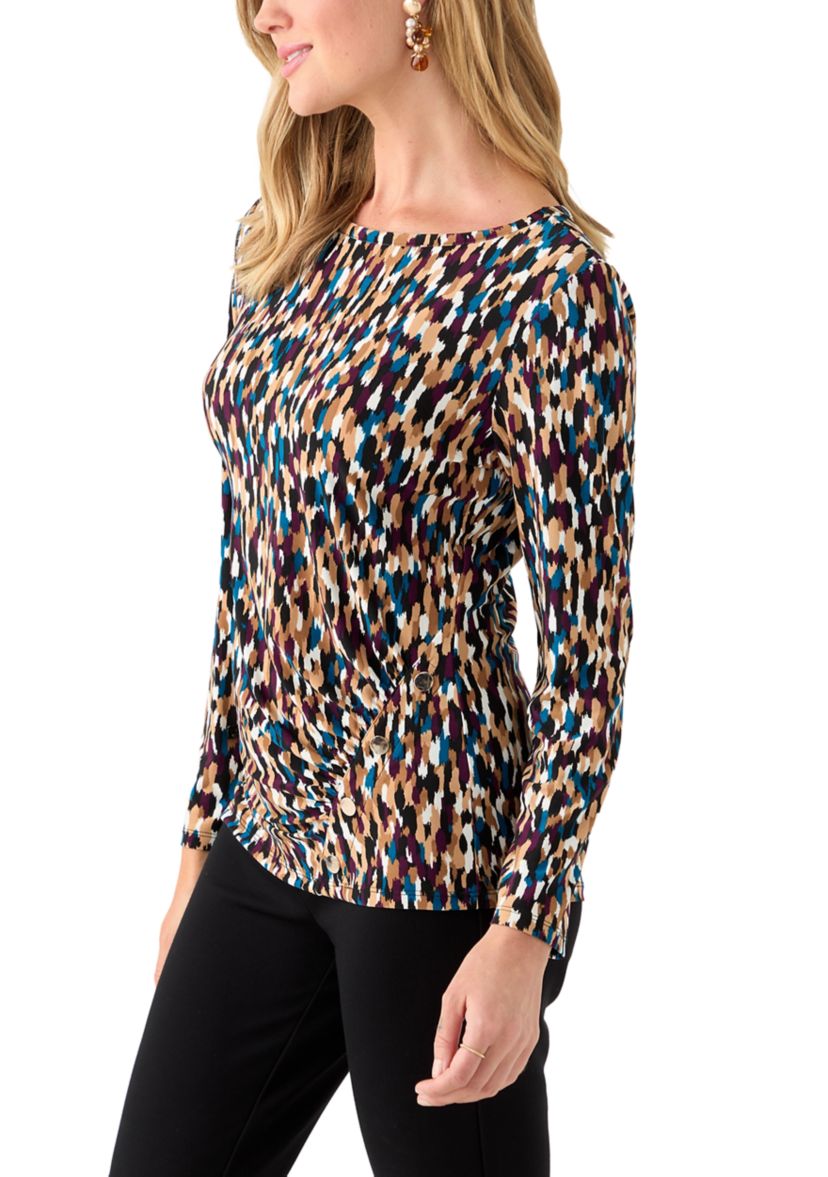Petite Printed Long Sleeve Front Ruched Top with Rivets