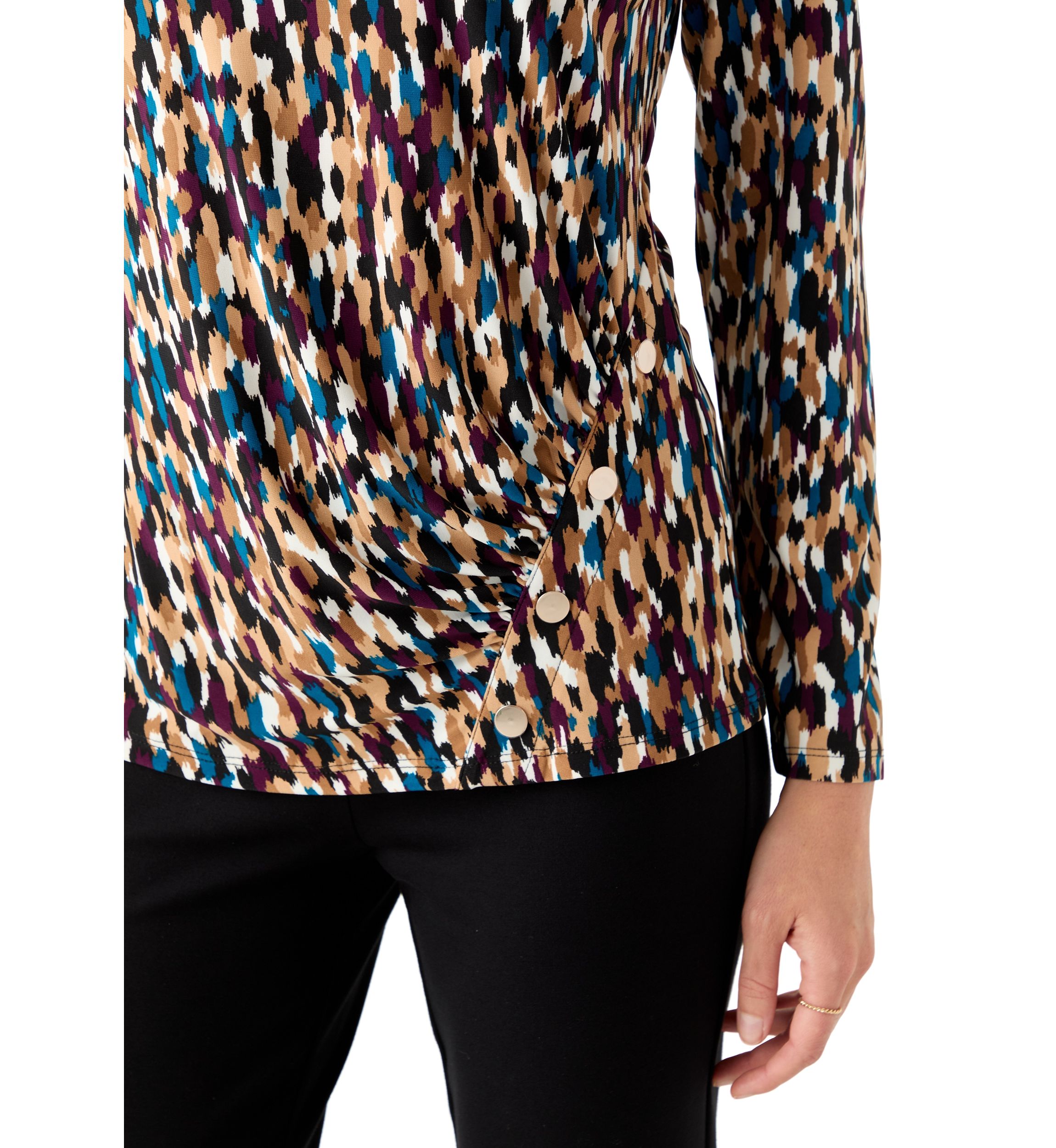 Petite Printed Long Sleeve Front Ruched Top with Rivets