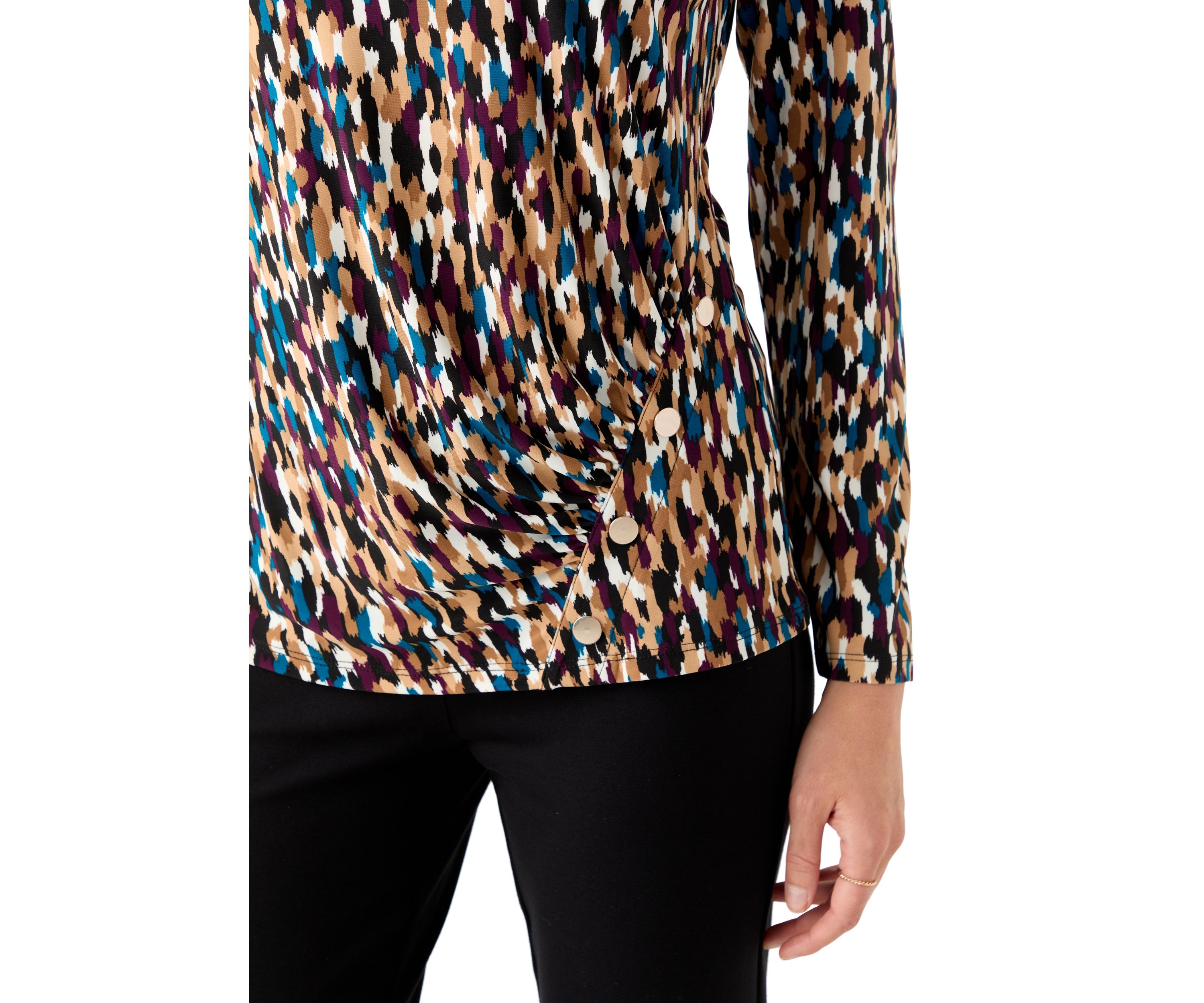 Petite Printed Long Sleeve Front Ruched Top with Rivets