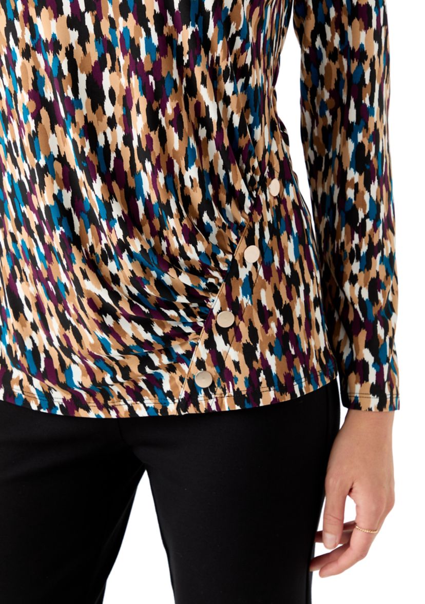 Petite Printed Long Sleeve Front Ruched Top with Rivets