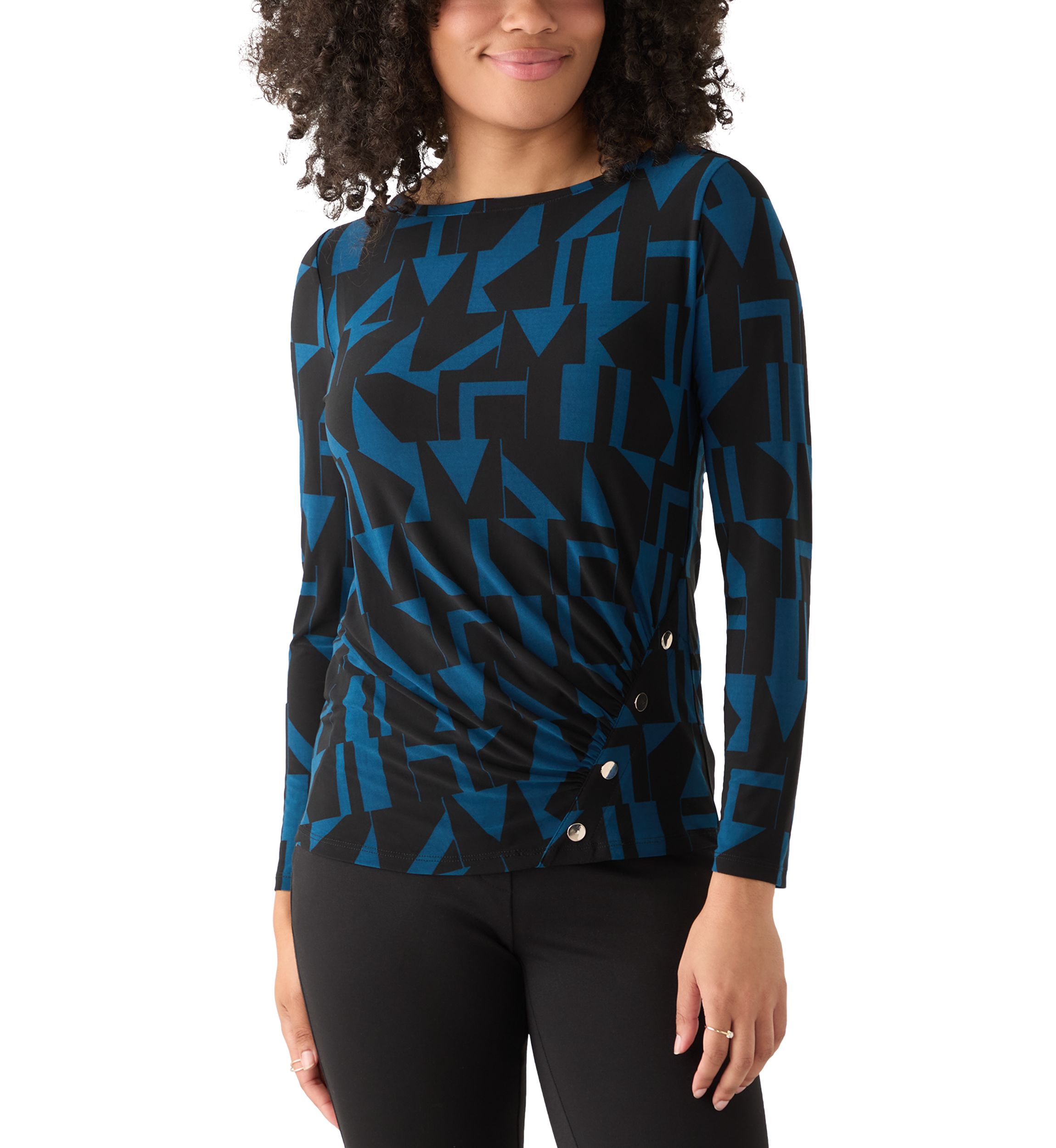 Womens Printed Long Sleeve Front Ruched Top with Rivets