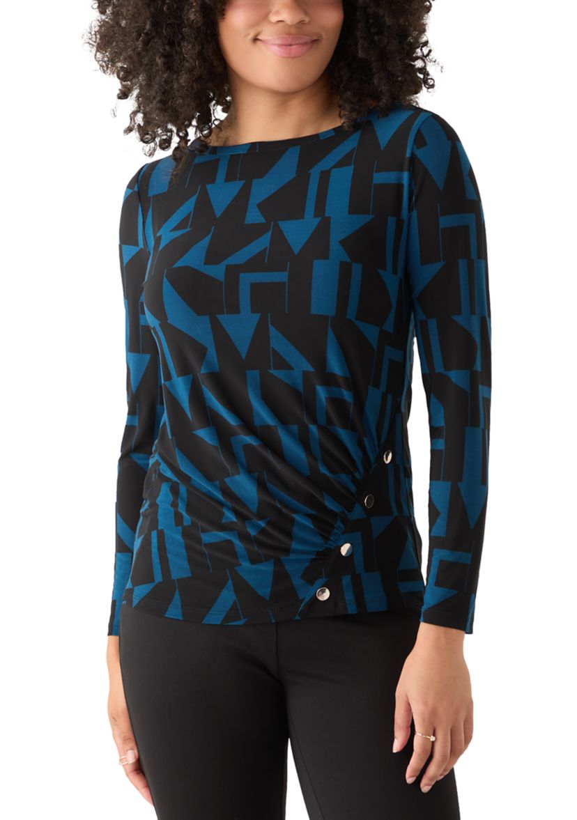 Womens Printed Long Sleeve Front Ruched Top with Rivets