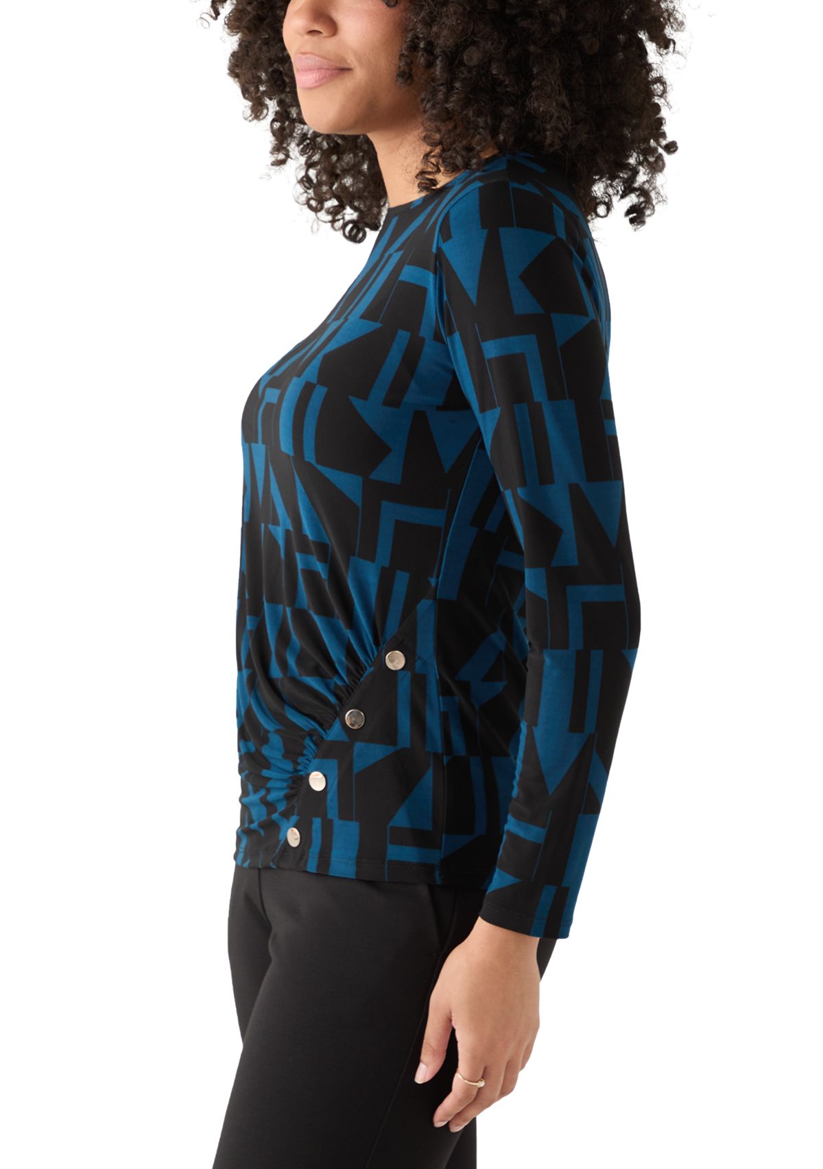 Womens Printed Long Sleeve Front Ruched Top with Rivets