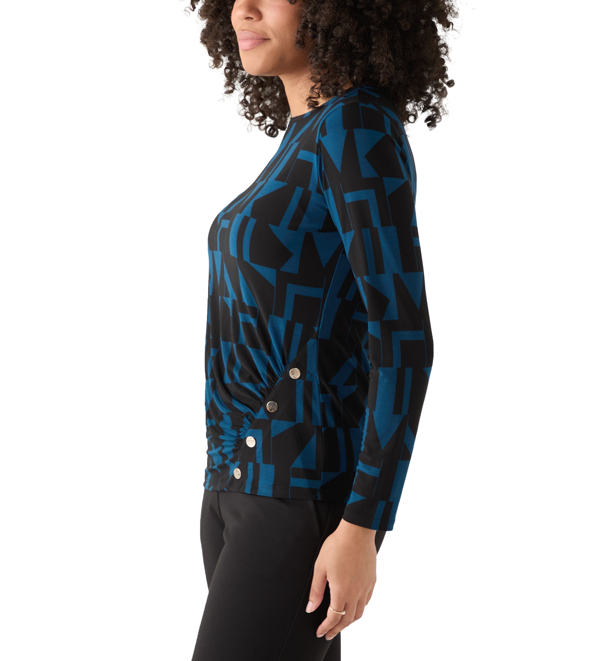 Womens Printed Long Sleeve Front Ruched Top with Rivets