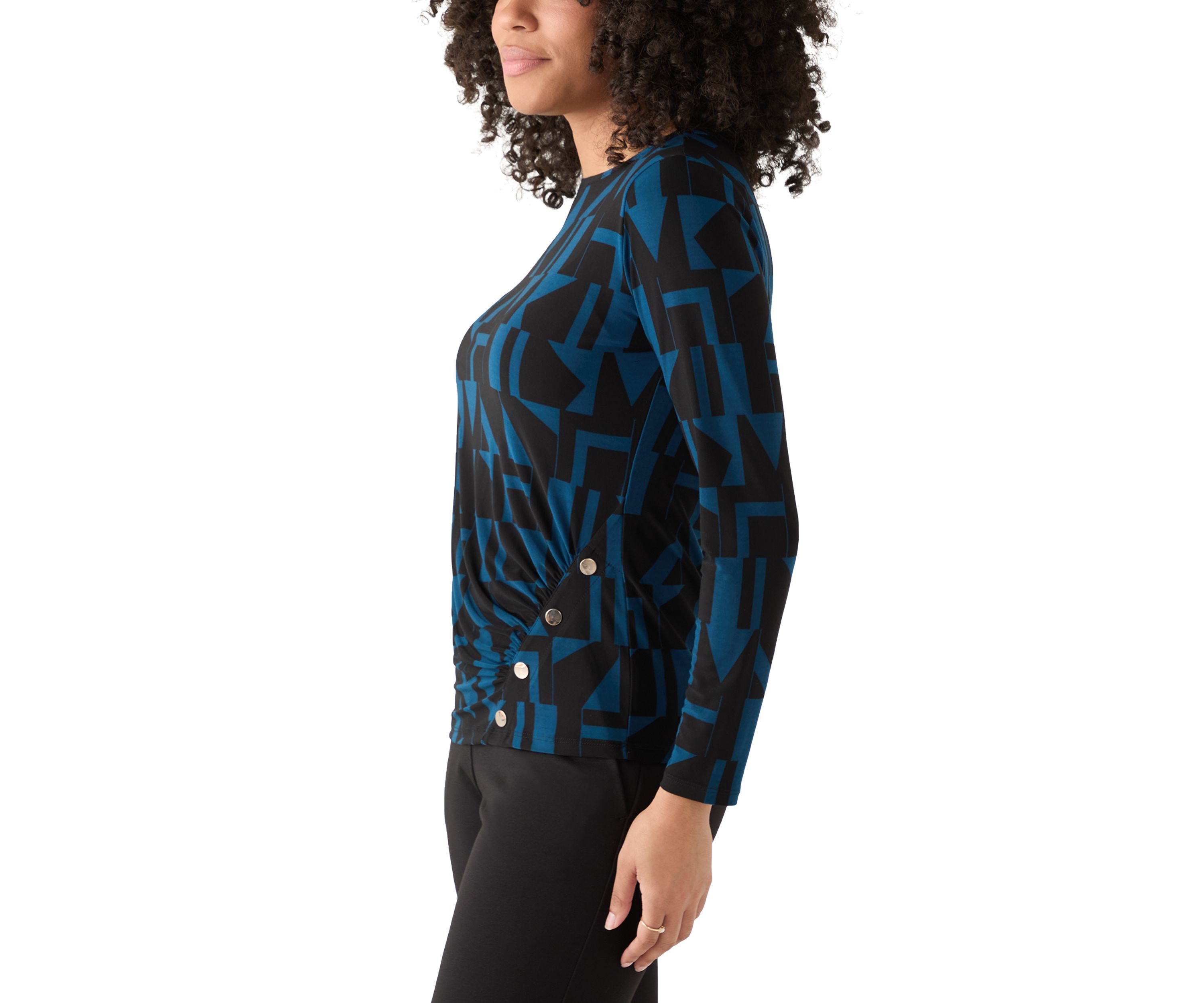 Womens Printed Long Sleeve Front Ruched Top with Rivets