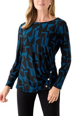 AK Anne Klein Women's Petite Printed Long Sleeve Front Ruched Top with Rivets, Teal, PM