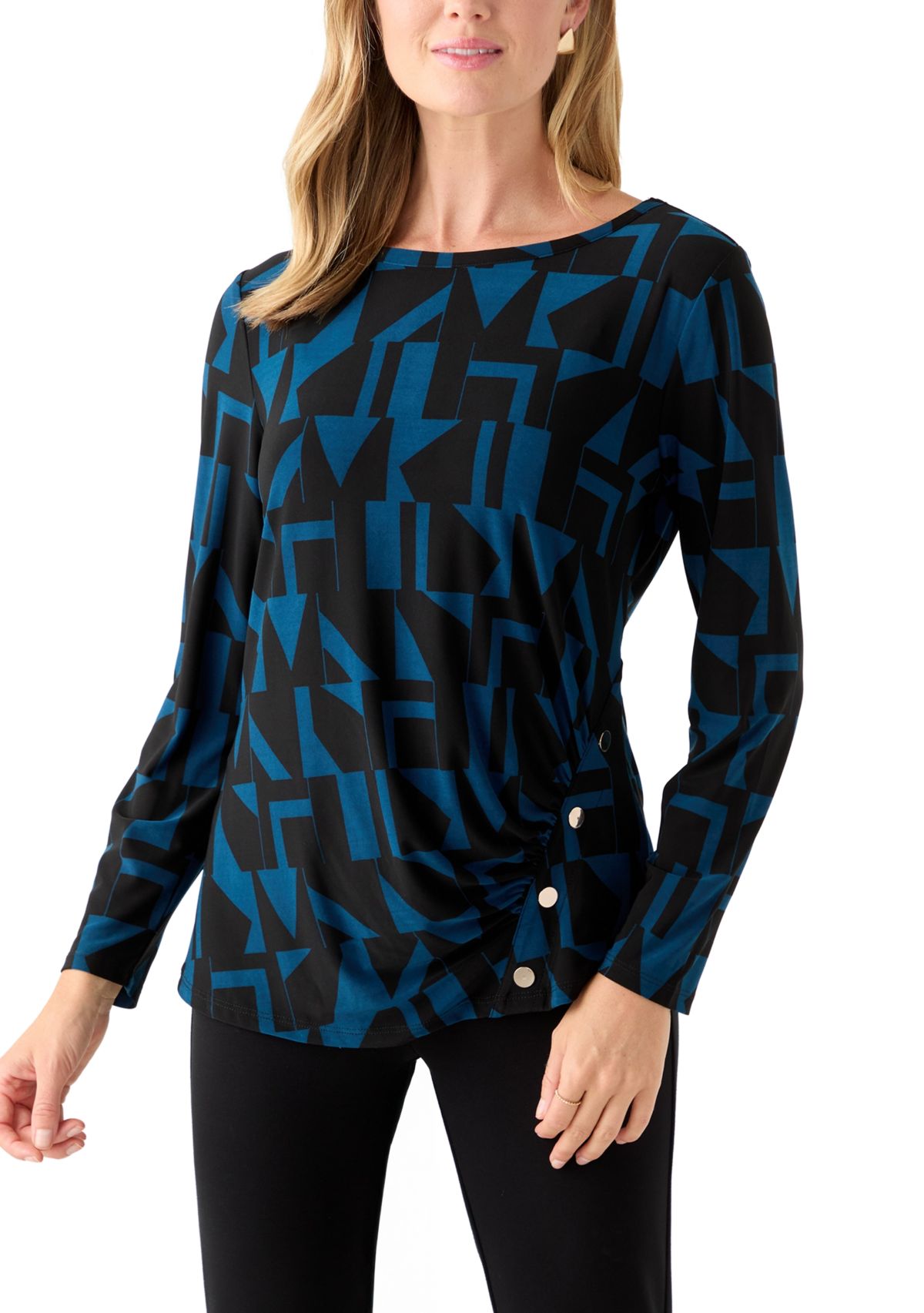 Petite Printed Long Sleeve Front Ruched Top with Rivets