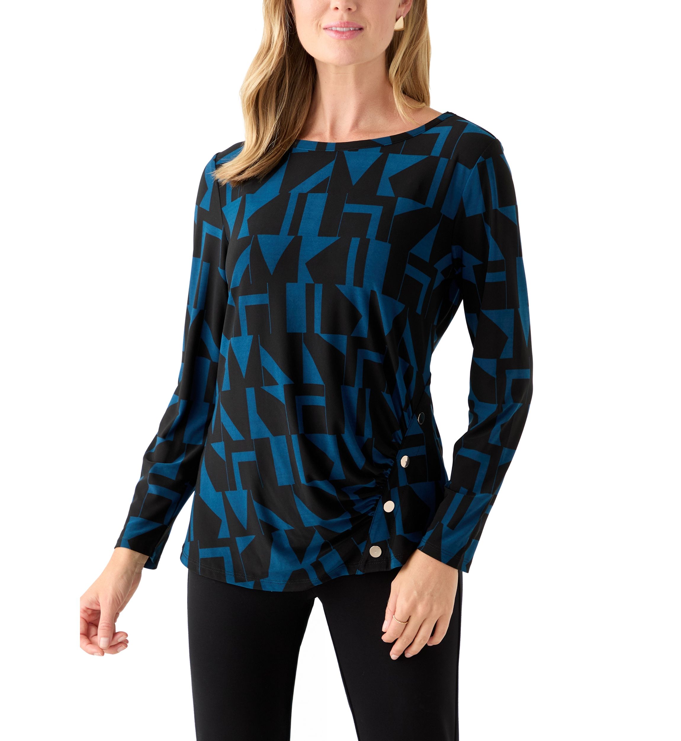 Petite Printed Long Sleeve Front Ruched Top with Rivets