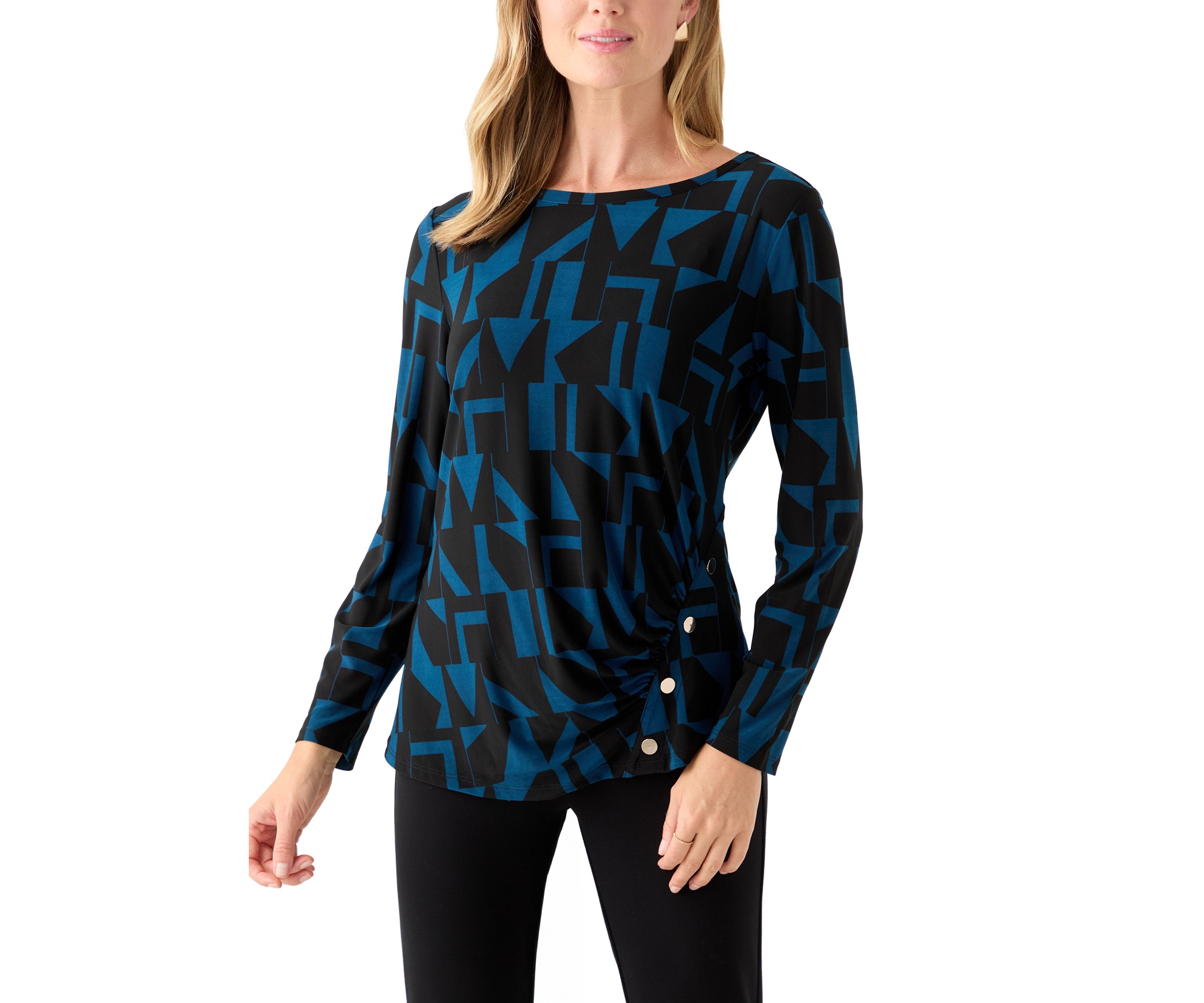 Petite Printed Long Sleeve Front Ruched Top with Rivets