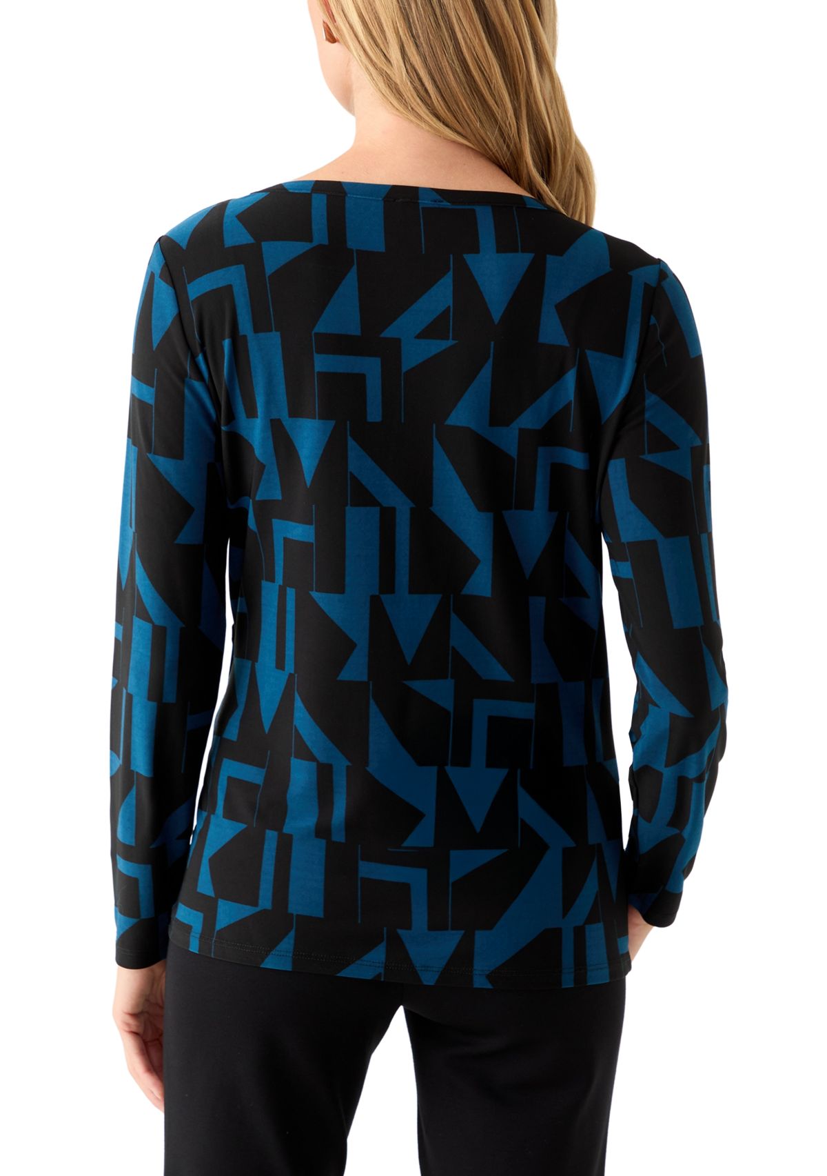 Petite Printed Long Sleeve Front Ruched Top with Rivets