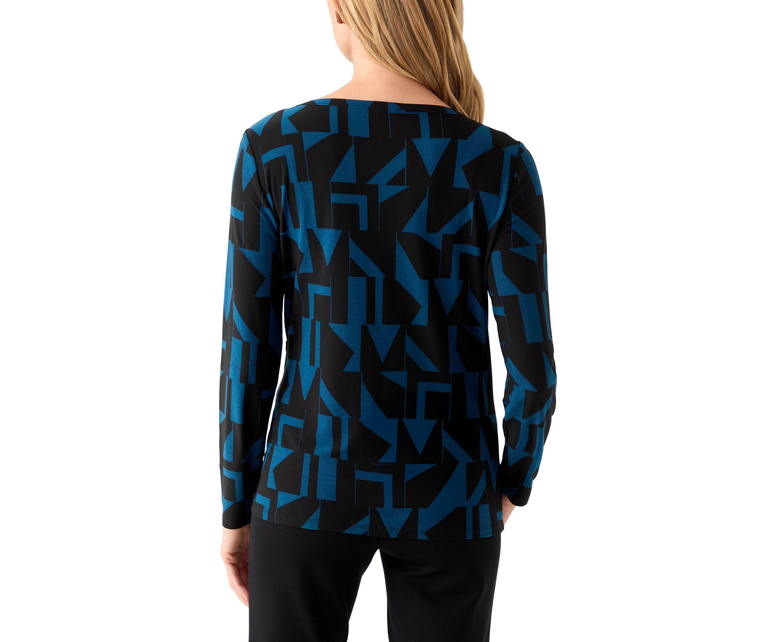 Petite Printed Long Sleeve Front Ruched Top with Rivets