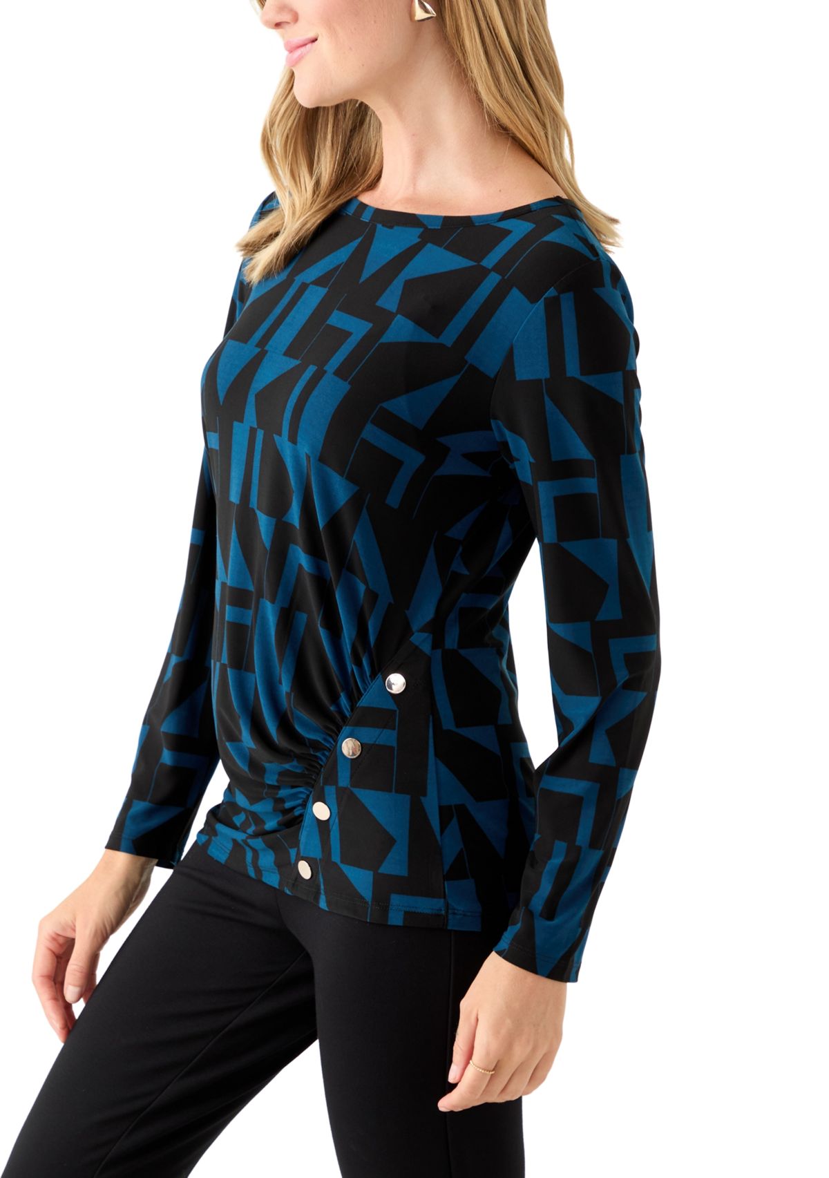 Petite Printed Long Sleeve Front Ruched Top with Rivets