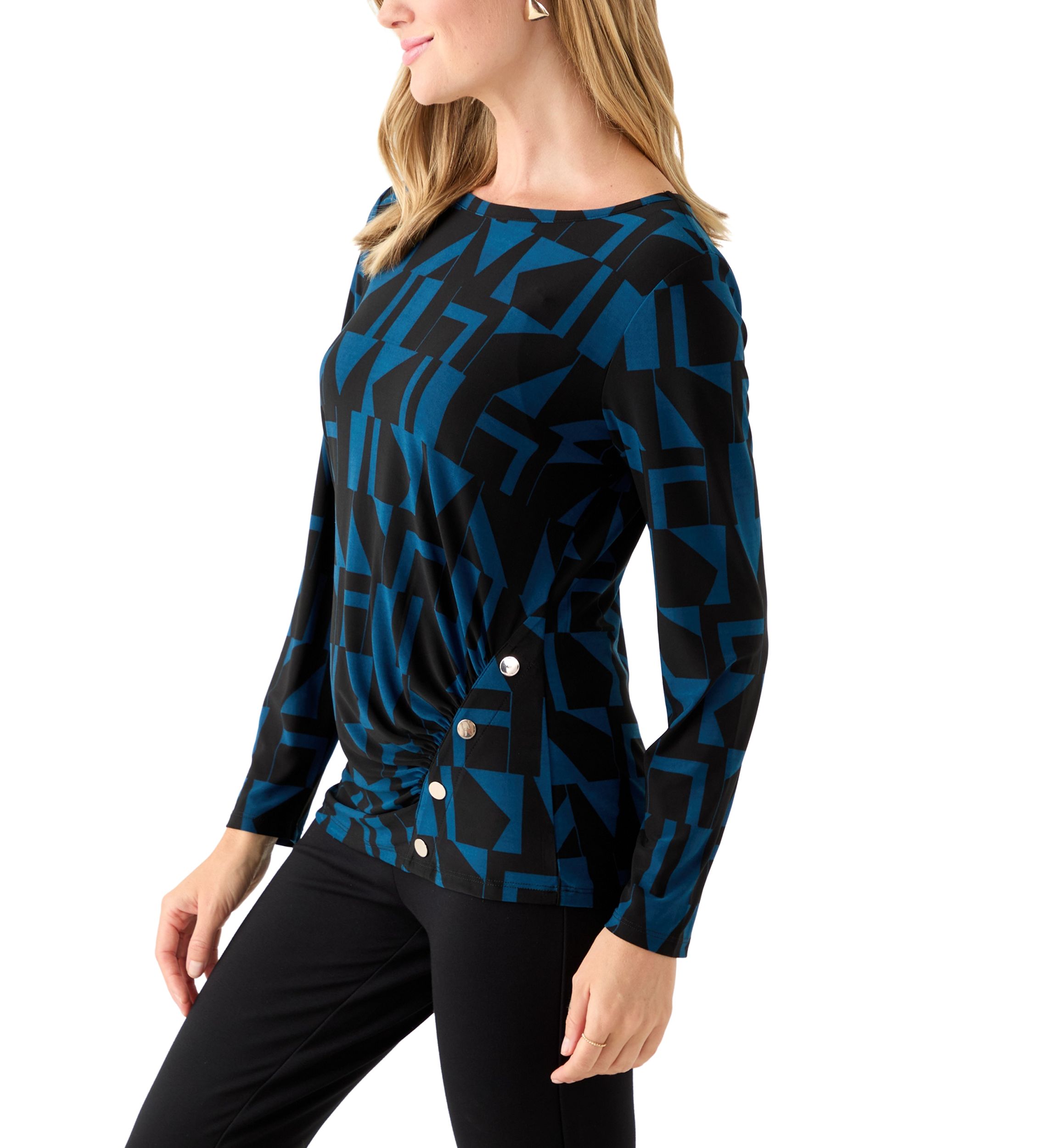 Petite Printed Long Sleeve Front Ruched Top with Rivets