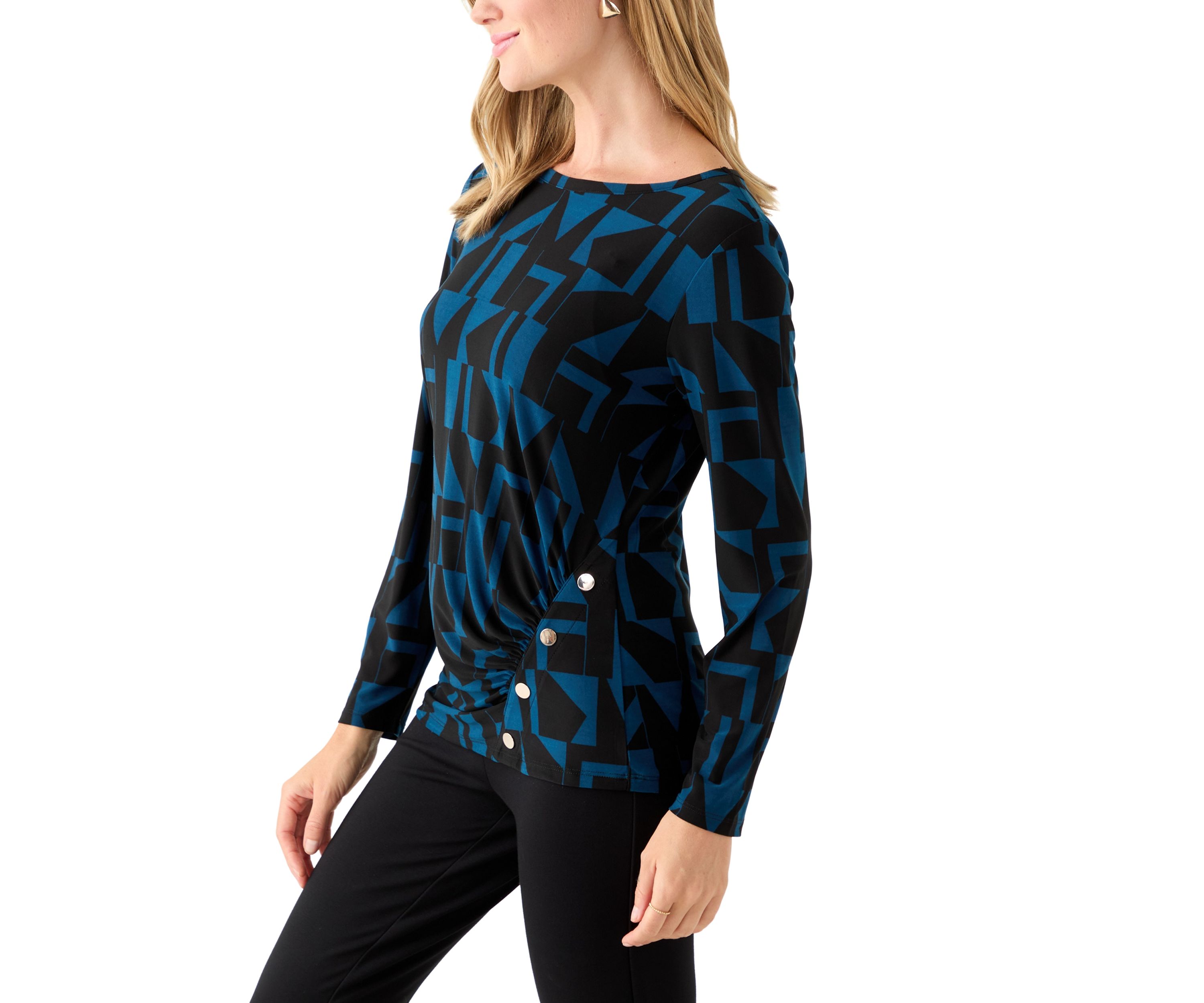 Petite Printed Long Sleeve Front Ruched Top with Rivets