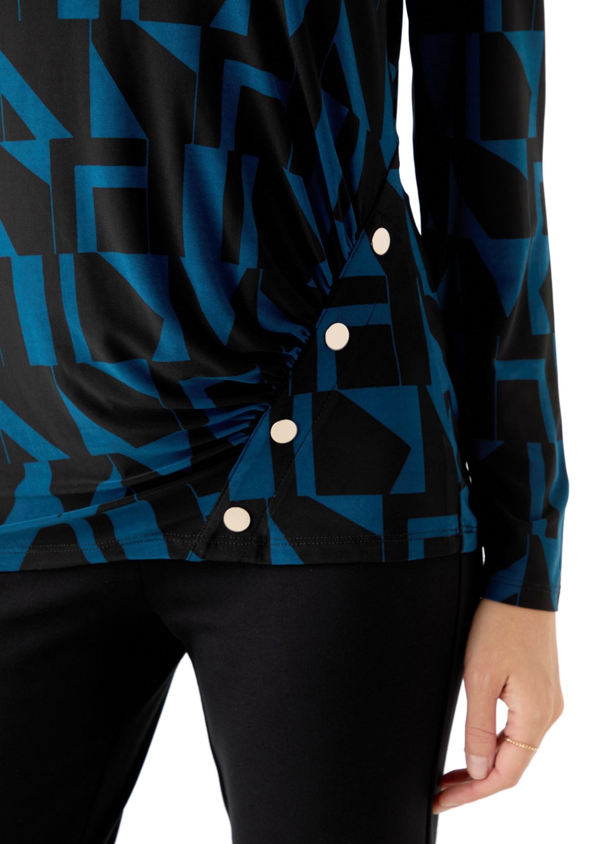 Petite Printed Long Sleeve Front Ruched Top with Rivets