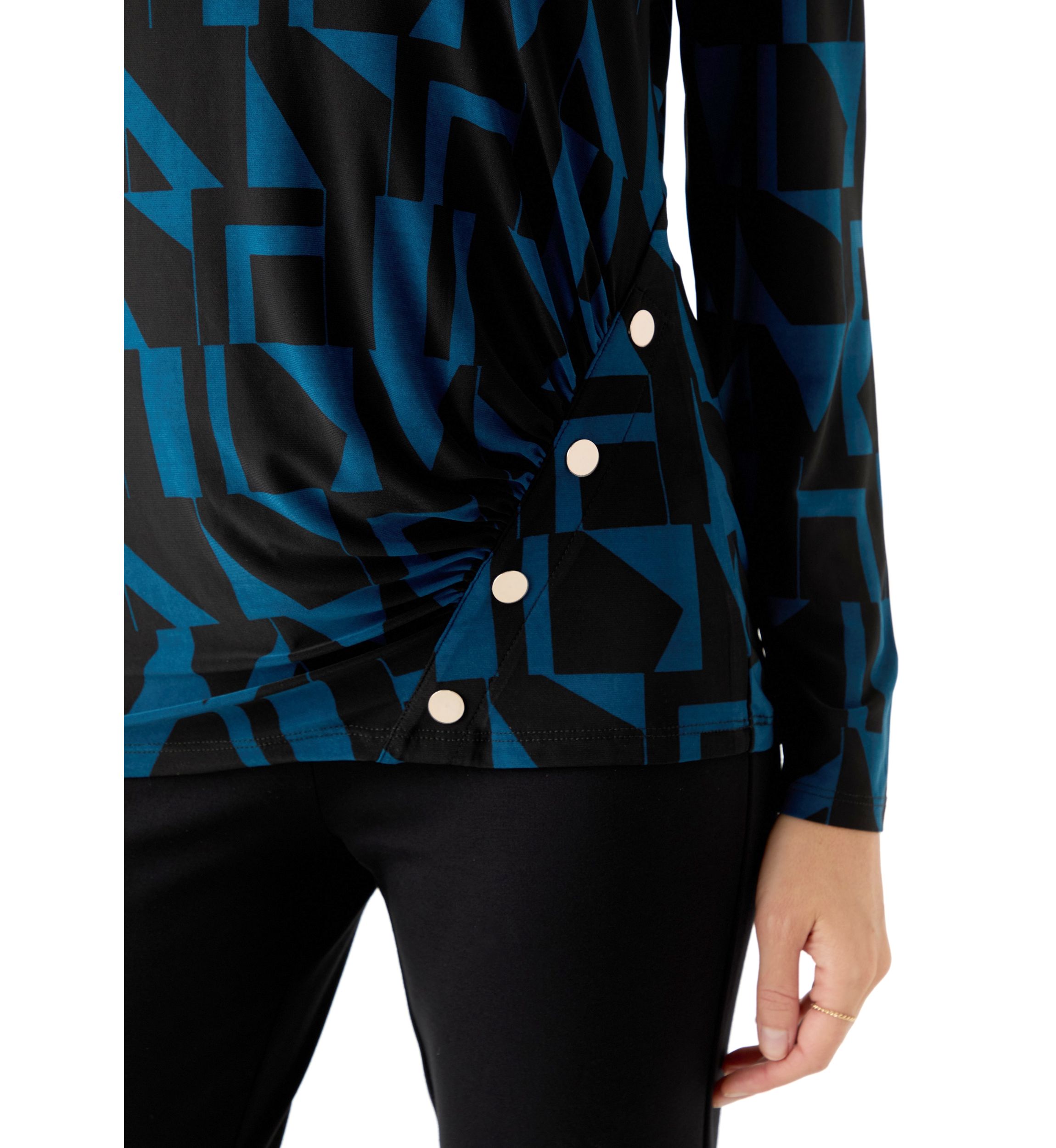 Petite Printed Long Sleeve Front Ruched Top with Rivets