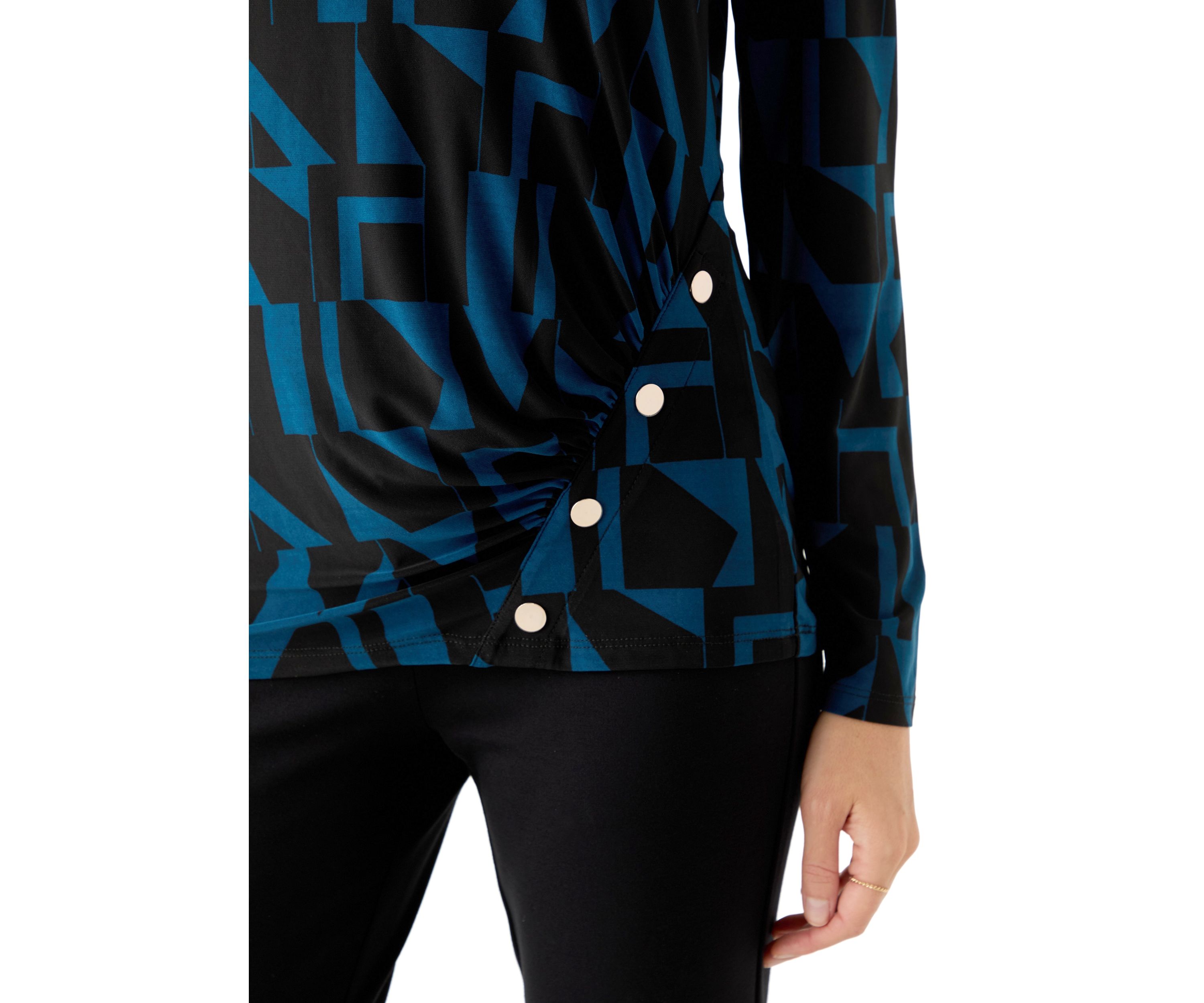 Petite Printed Long Sleeve Front Ruched Top with Rivets