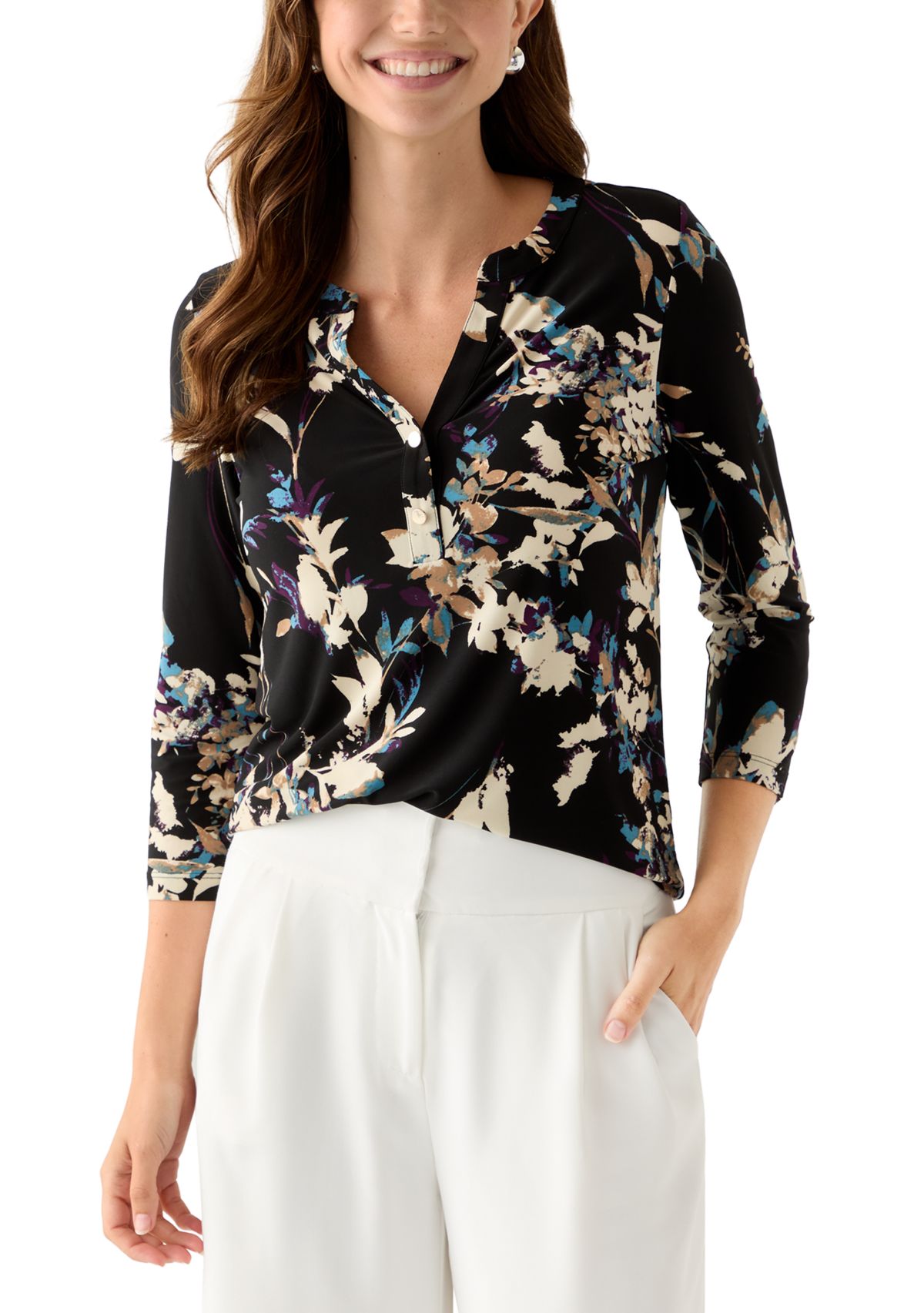 Womens 3/4 Sleeve Printed Henley Top