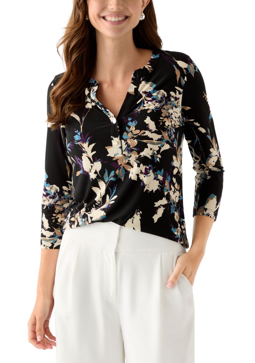 Womens 3/4 Sleeve Printed Henley Top