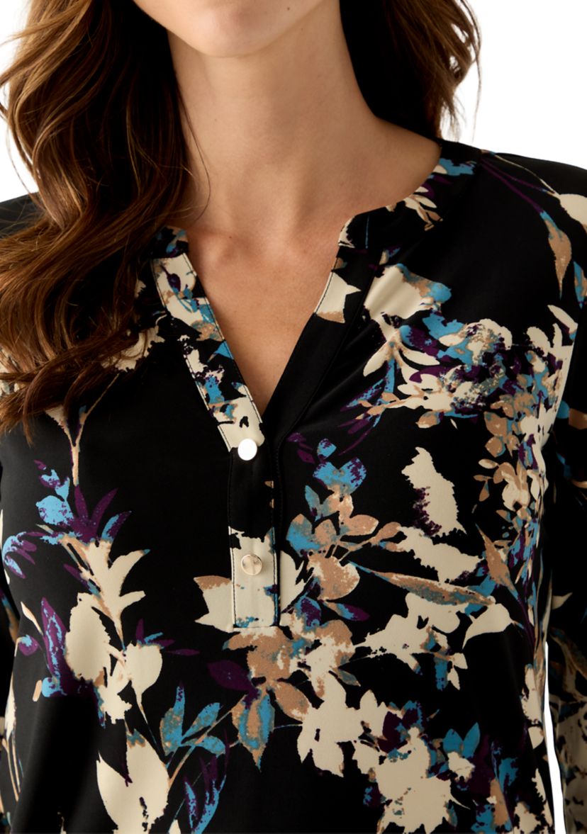 Womens 3/4 Sleeve Printed Henley Top