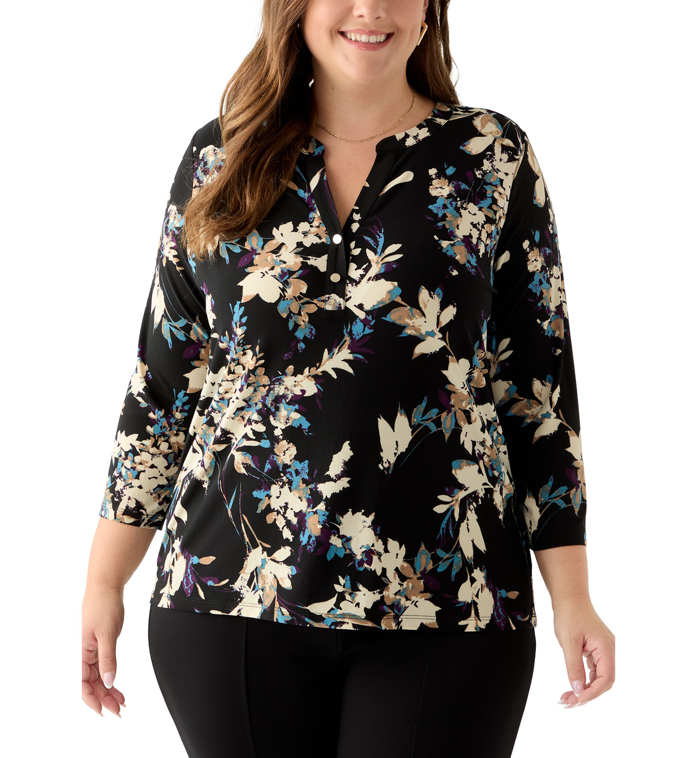 Plus Size 3/4 Knit Henley Top
