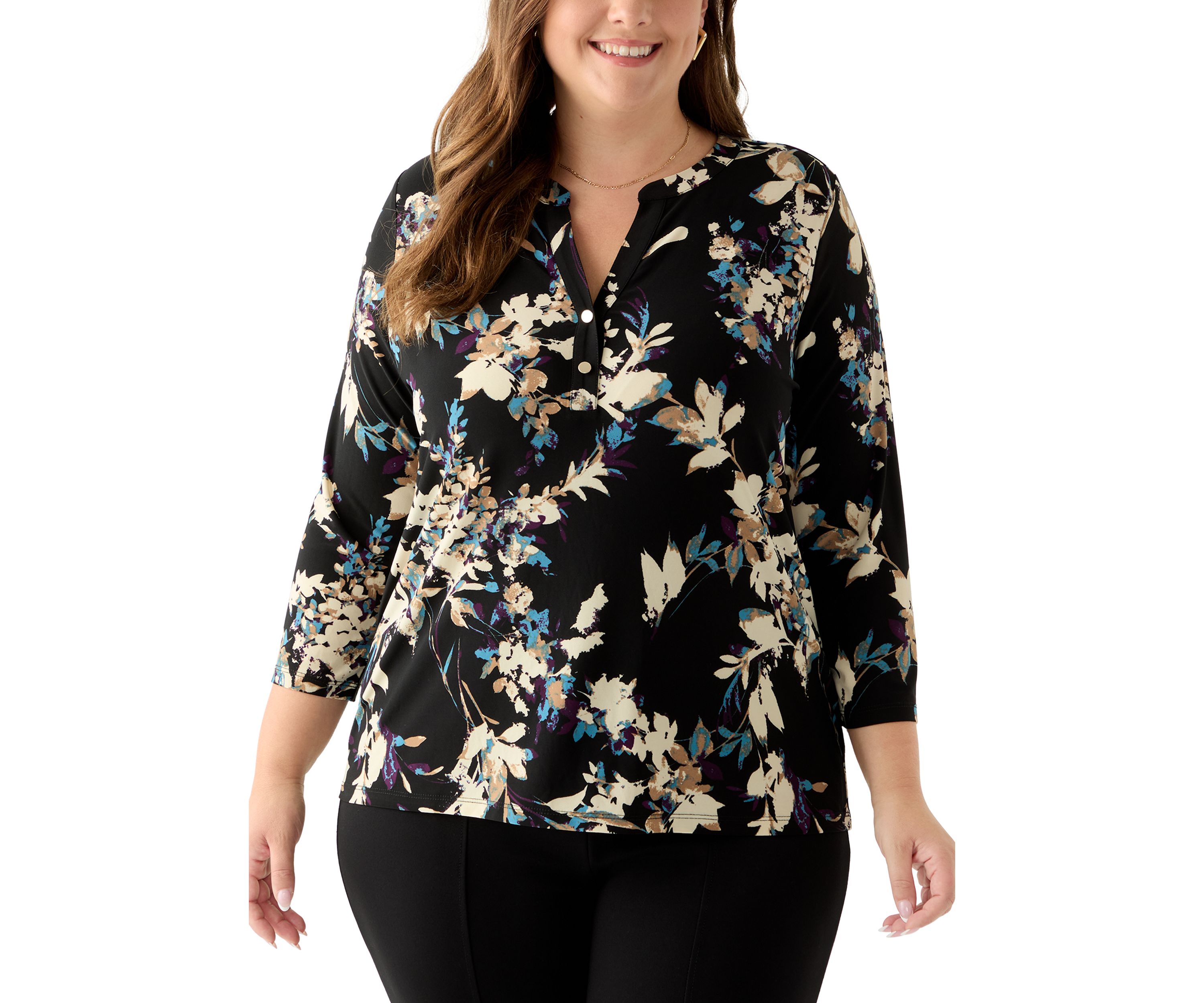 Plus Size 3/4 Knit Henley Top