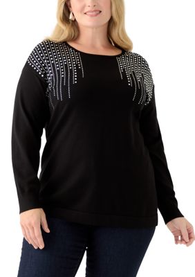 AK Anne Klein Women's Plus Size Boat Neck Sweater, Black, 2X