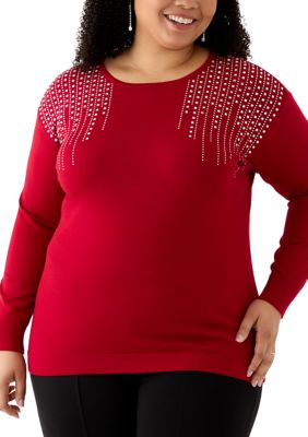 AK Anne Klein Women's Plus Size Boat Neck Sweater, Red, 3X