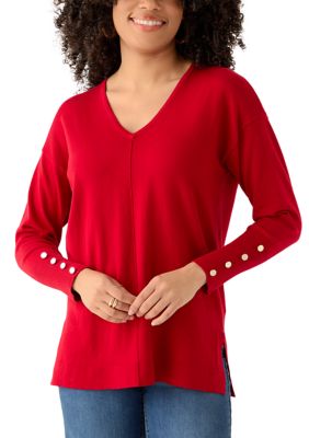 AK Anne Klein Women's V-Neck Long Sleeve with Buttons Top