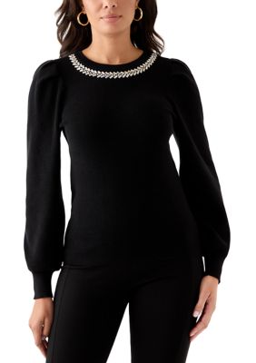 AK Anne Klein Women's Embellished Crew Neck with Puff Sleeves, Black, XS