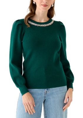 AK Anne Klein Women's Embellished Crew Neck with Puff Sleeves, XL
