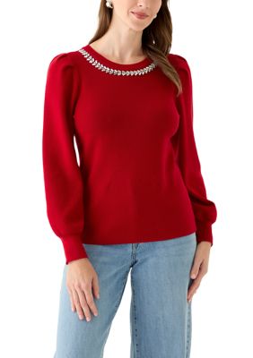 AK Anne Klein Women's Embellished Crew Neck with Puff Sleeves