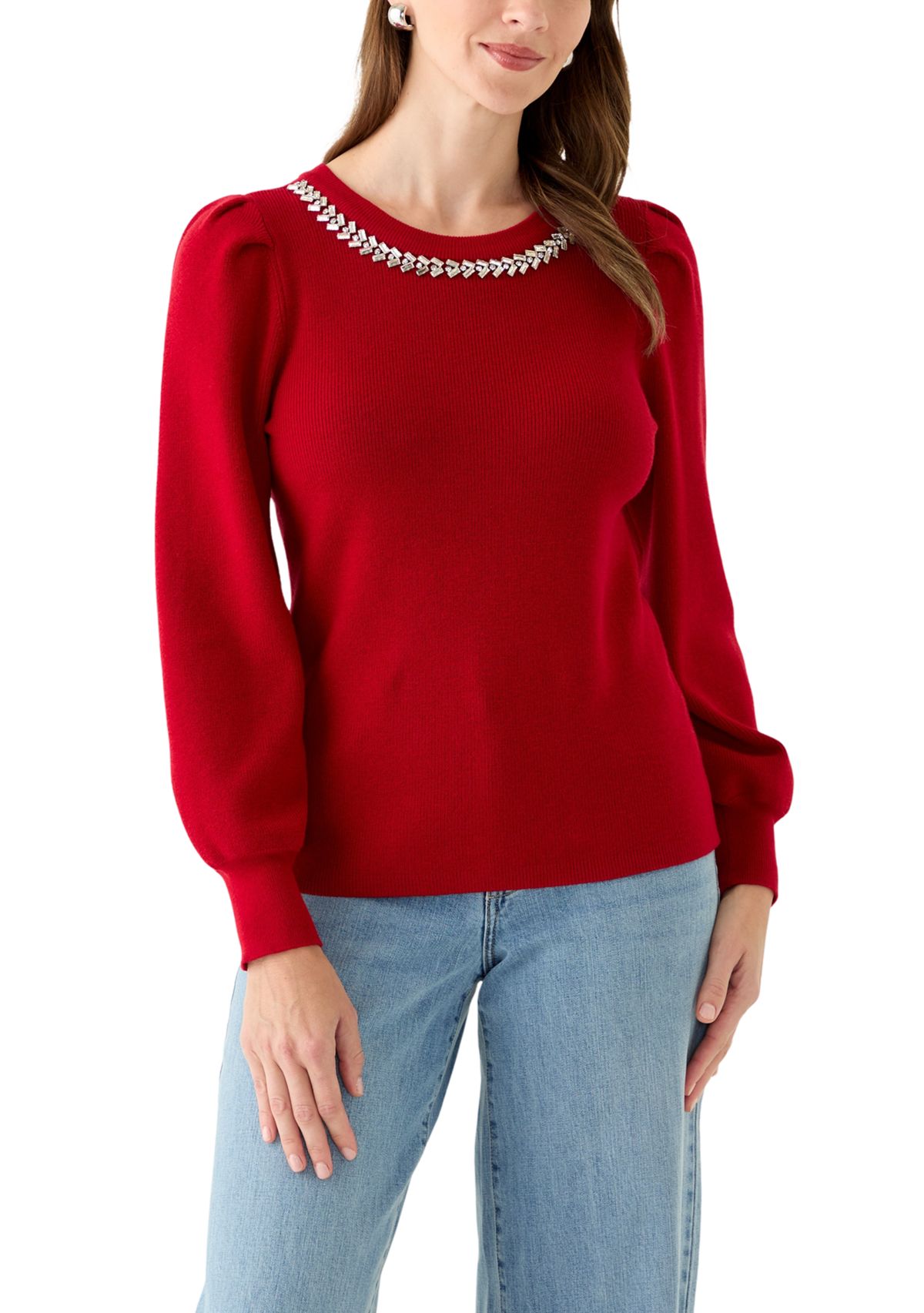 Womens Embellished Crew Neck with Puff Sleeves 