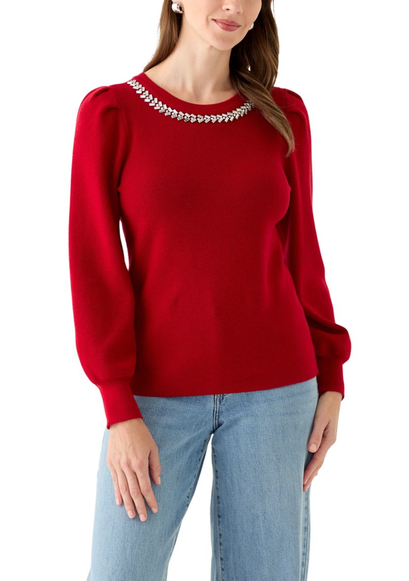 Womens Embellished Crew Neck with Puff Sleeves 