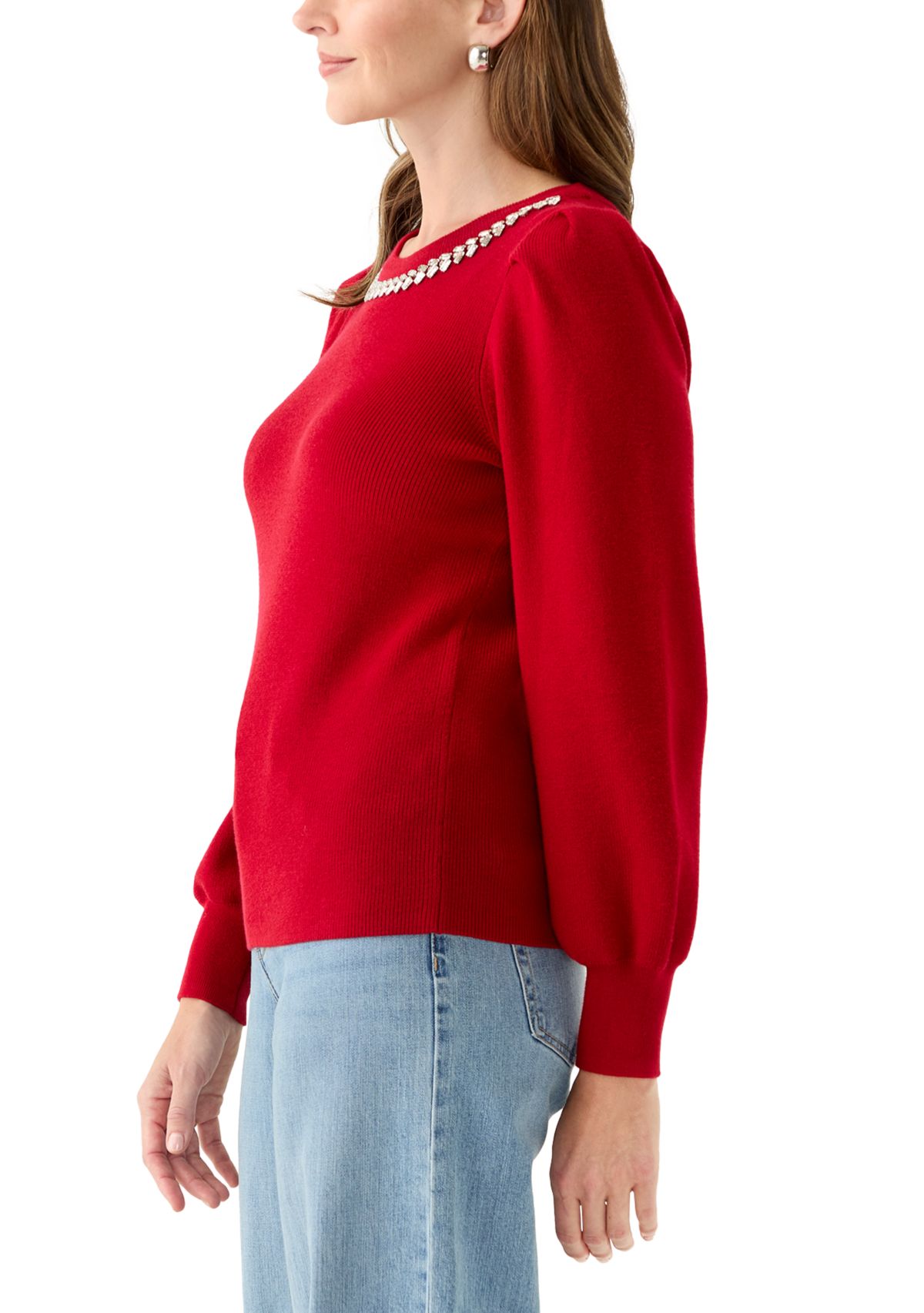 Womens Embellished Crew Neck with Puff Sleeves 