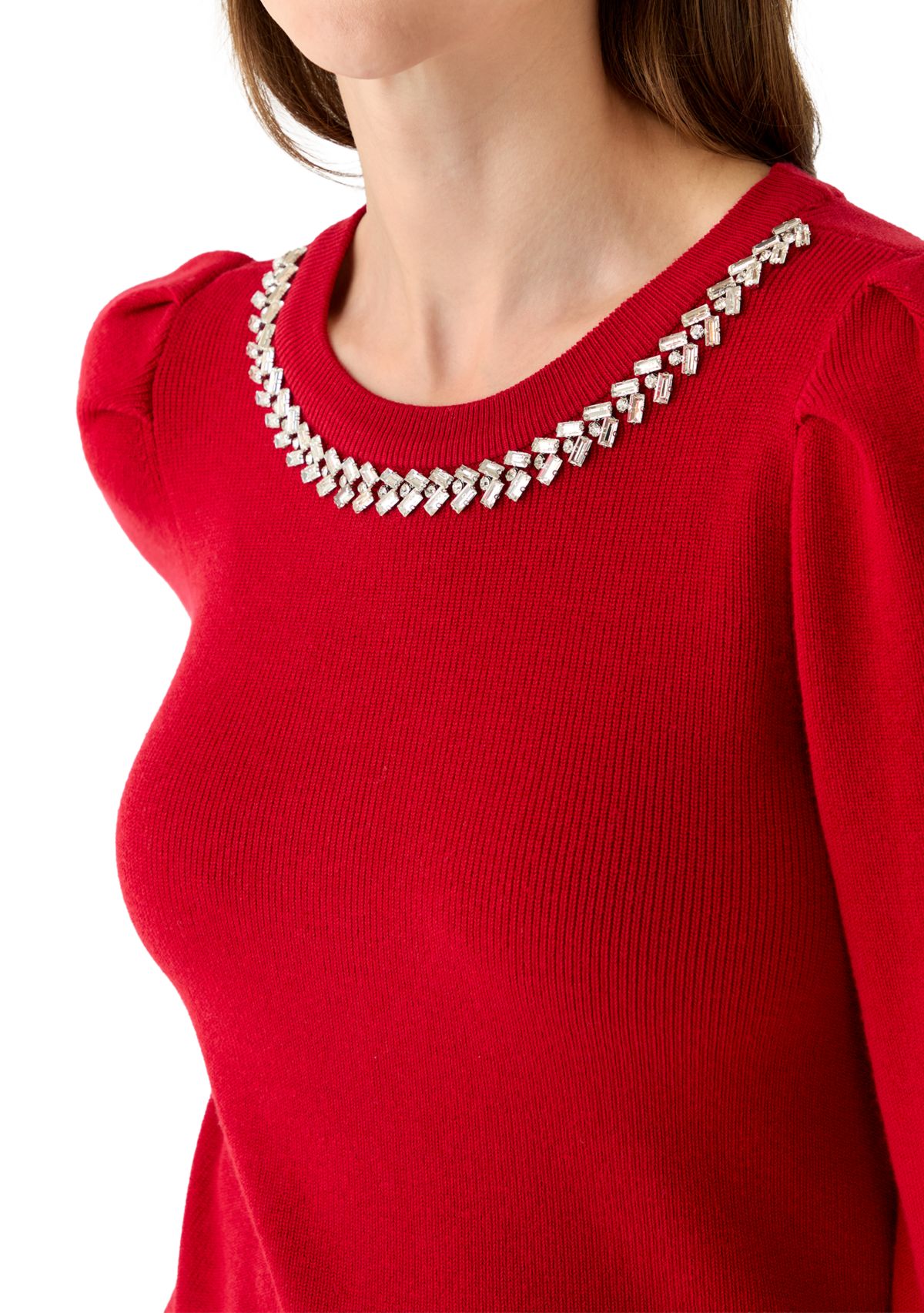 Womens Embellished Crew Neck with Puff Sleeves 