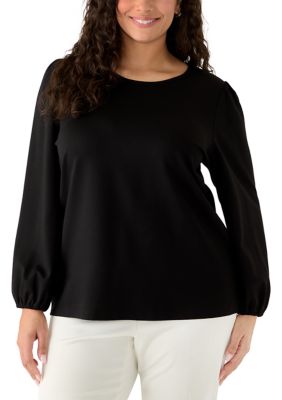 AK Anne Klein Women's Plus Size Long Sleeve Serenity Knit Top with Elastic Sleeves