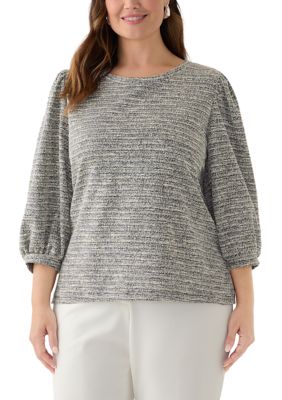 AK Anne Klein Women's Plus Size 3/4 Balloon Sleeve Boucle Knit Top
