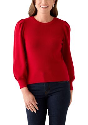 AK Anne Klein Women's Petite Crew Neck Puff Sleeve Sweater