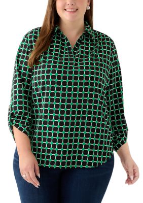 AK Anne Klein Women's Plus Size V-Neck Collared Shirt with Roll Tab Sleeves