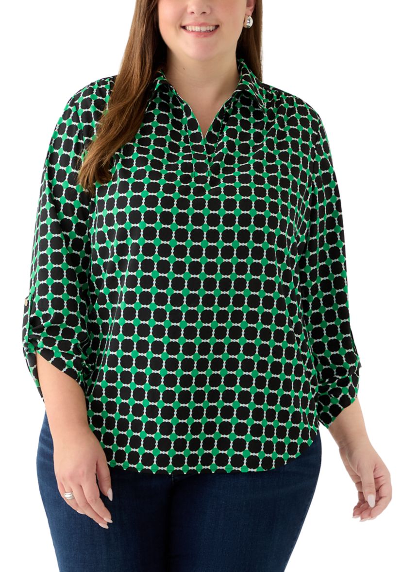 AK Anne Klein Plus Size V-Neck Collared Shirt with Roll Tab Sleeves | Belk
