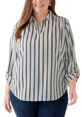 AK Anne Klein Women's Plus Size V-Neck Collared Shirt with Roll Tab Sleeves