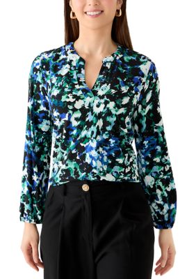 AK Anne Klein Women's Petite Split Neck Printed Blouse