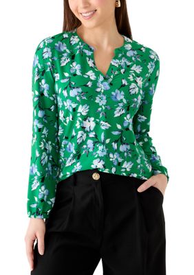 AK Anne Klein Women's Petite Split Neck Printed Blouse