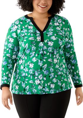 AK Anne Klein Women's Plus Size V-Neck Knit Printed Tunic