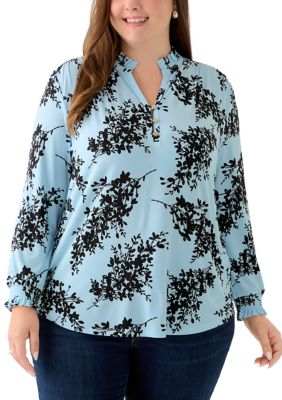 AK Anne Klein Women's Plus Size Opal Blue Long Sleeve Ruffle Printed V-Neck with Smocked Cuff Sleeve