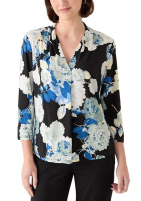AK Anne Klein Women's 3/4 Sleeve Pleated Shirt, Black, Large