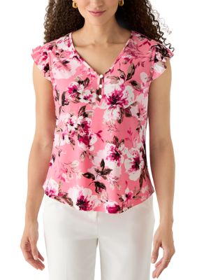 AK Anne Klein Women's Petite V-Neck Button Front Top